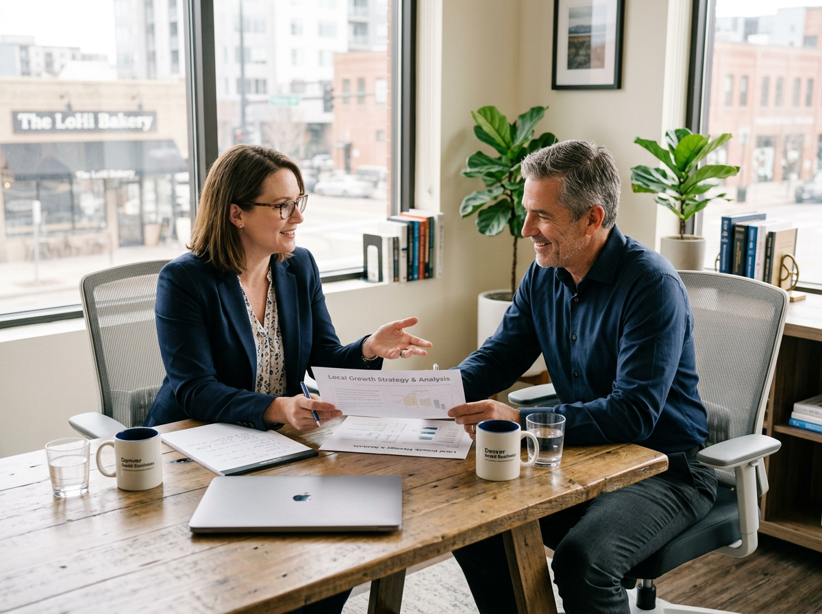 Local business owner reviewing Google and AI research report